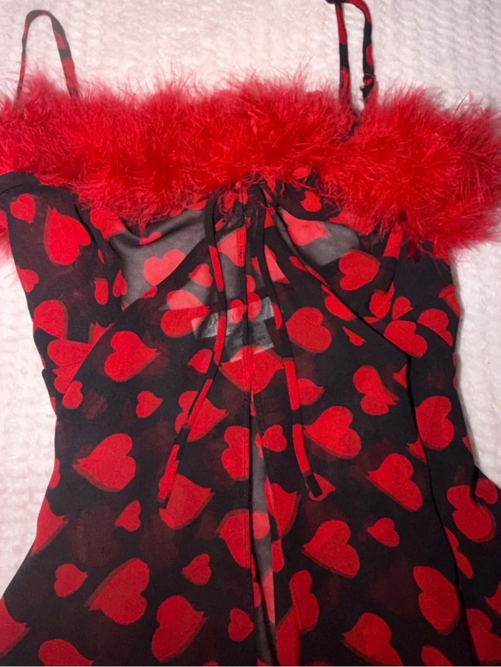 Vintage Black Chemise with Red Heart Pattern and Feather Trim